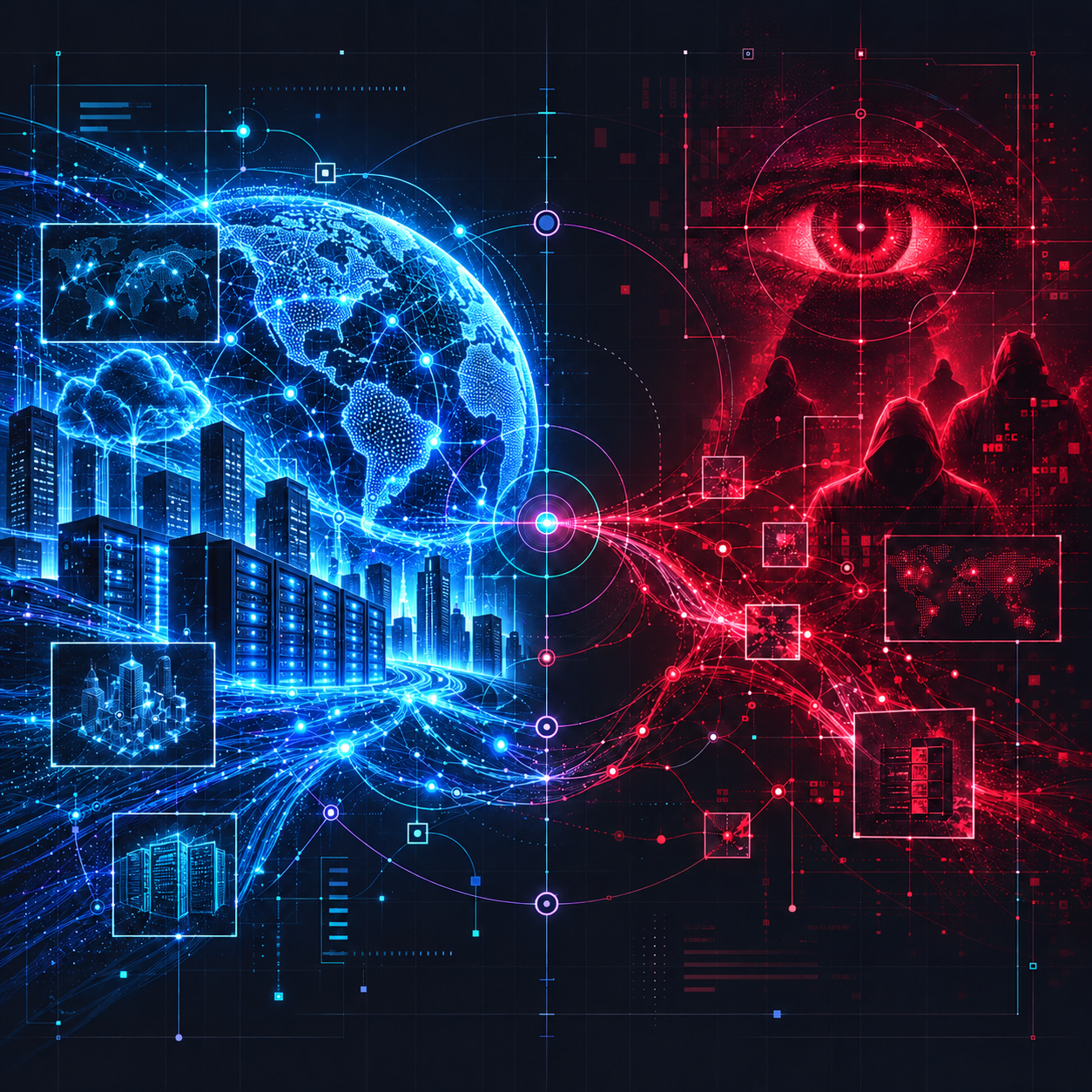 Digital illustration with a blue connected globe and city opposite a red eye and shadowed figures.